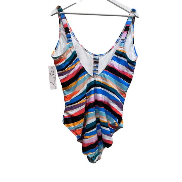 Anne Cole Swimsuit Size 16 Multi Wave Stripe Front Cutout Shirred One Piece NWT - Picture 4 of 9